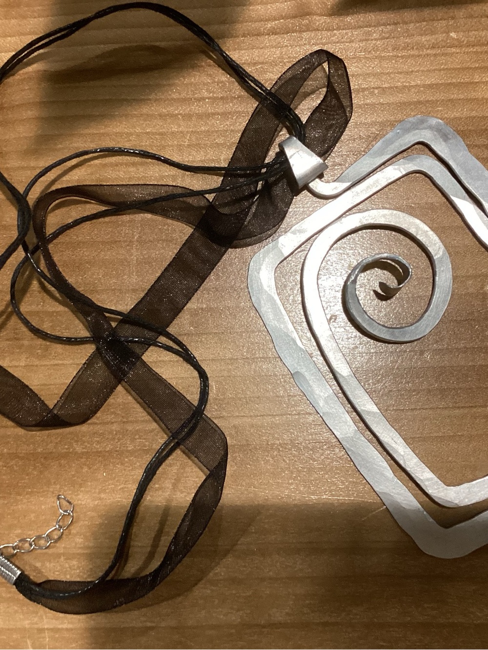 Handmade Aluminum Spiral Square Pendant Necklace with Black Ribbon